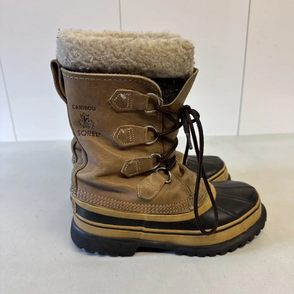 SOREL Caribou Tan Leather Black Rubber Insulated Winter Snow‎ Boots Womens 5